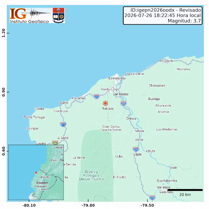 Sismo de magnitud 3,7 afecta a Esmeraldas el domingo 26 de julio
