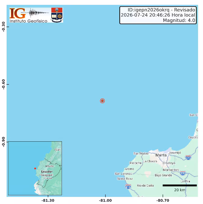 Sismo de 4.0 grados se registra frente a las costas de Manabí